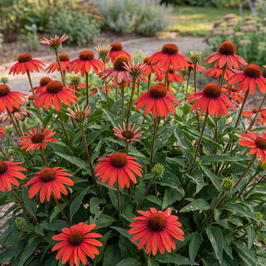 Papaya Coneflower, Echinacea Guatemala series, in a 4-inch pot with red-orange blooms over dark green foliage